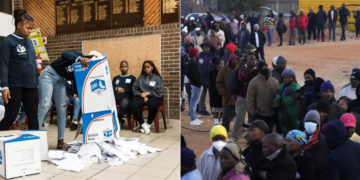A collage of Electoral Commission of South Africa (IEC) officials emptying a ballot box during the vote counting process at Addington Primary School voting station during South Africa s general election in Durban on May 29, 2024, and voters on a line. PHOTO/AFP