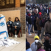 A collage of Electoral Commission of South Africa (IEC) officials emptying a ballot box during the vote counting process at Addington Primary School voting station during South Africa s general election in Durban on May 29, 2024, and voters on a line. PHOTO/AFP