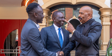 President William Ruto (center) and Comedian Eddie Butita (left) share a light moment with American TV star Steve Harvey during their tour of the Tyler Perry Studios in Atlanta, Georgia on May 21, 2024.