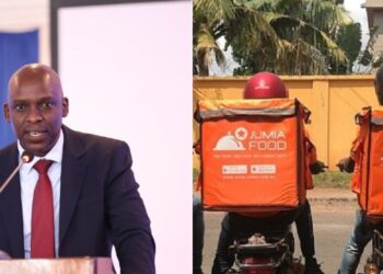 A photo collage of CA Director General David Mugonyi and a photo of Jumia delivery bikes.
