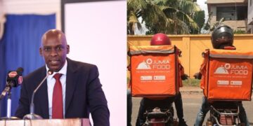 A photo collage of CA Director General David Mugonyi and a photo of Jumia delivery bikes.