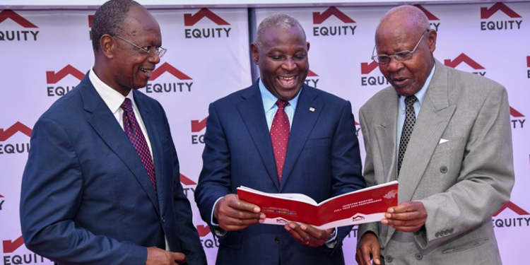 From left to right: Equity Group Chairman, Prof. Isaac Macharia, Equity Group Managing Director and CEO, Dr. James Mwangi and Mr. Geoffrey Maoga, a shareholder, during the FY 2023 Investor Briefing event. PHOTO/Equity.