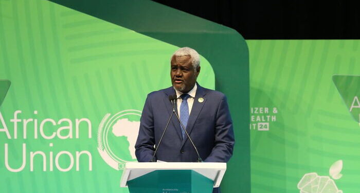 Chairperson of the African Union Commission, Moussa Faki, delivering opening remarks of the Africa Fertiliser and Soil Health Summit on May 9, 2024, in Nairobi, Kenya. PHOTO/AU