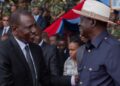 ODM Leader Raila Odinga (right) and President Ruto shake hands during the memeorial service held in honour of Late General Francis Ogolla.