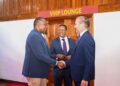 Tourism and wildlife cabinet secretary Dr Alfred Mutua and chair parliamentary committee on Tourism Maara Mp Kareke Mbiuki welcome french ambassador to Kenya Arnaud Suquet at KICC. T