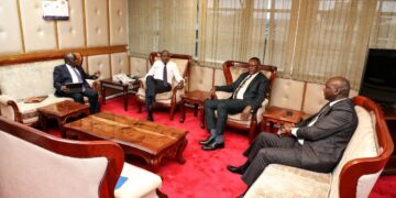 Interior and National Administration CS Prof Kithure Kindiki, his ICT and Digital Economy counterpart Eliud Owalo, Principal Secretaries Amb. (Prof) Julius Bitok (Immigration and Citizen Services) and Eng. John Tanui (ICT and the Digital Economy) during a meeting on May 14, 2024.