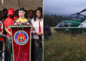 A side toi side photo of Government Spokmesperson Isaac Mwaura and Kenya Red Cross officials and the chopper which made an emergency landing in Kikuyu.