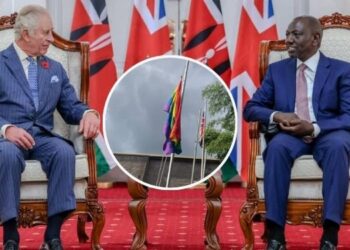 A collage of UK King Charles and President William Ruto in a past meeting and screengrab of the flag hoisted at the UK Mission in Kenya.