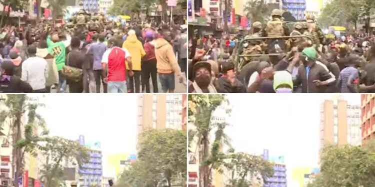 Photos of protesters sorrounding patrolling KDF officers in Nairobi CBD. PHOTO/Courtesy.