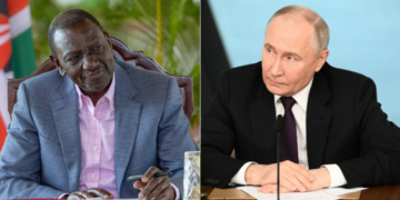 A photo collage of Kenyan President William Ruto and Russian president Vladmir Putin.