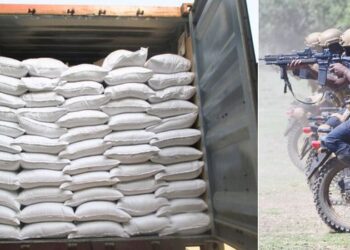 A collage of bags of rice in a lorry (Left) and DCI officers during a past training (Right). PHOTO/Courtesy.