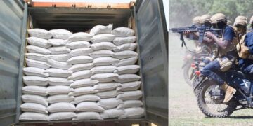 A collage of bags of rice in a lorry (Left) and DCI officers during a past training (Right). PHOTO/Courtesy.