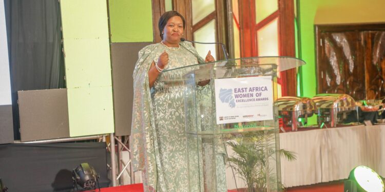 Trade CS Rebecca Miano speaking during the East Africa 2024 Women of Excellence Awards on June 15, 2024. PHOTO/Miano X. Taxes
