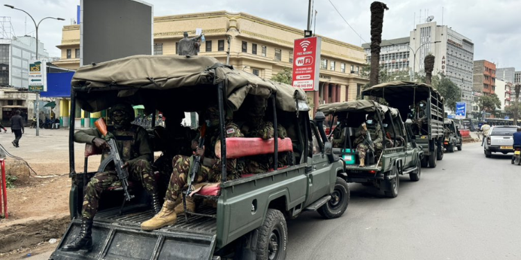 KDF soldiers patrolling the streets of NAIROBI ON jUNE 27, 2024. 