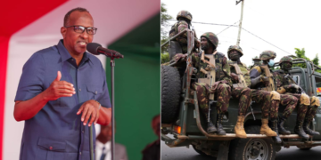 A collage of Defense Cabinet Secretary Aden Duale and a convoy of KDF soldiers.