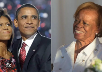 Side to side photo of Barack Obama with his wife Michelle and his mother in law the late Mrs. Marian Robinson. Photo/Courtesy
