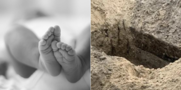 A collage of an open grave and the feet of a baby Photo/Unsplash