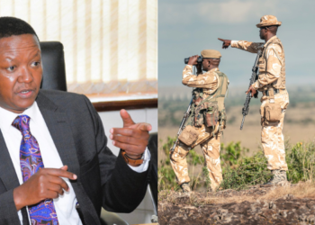 A side-to-side photo of Tourism and Wildlife Cabinet Secretary Dr. Alfred Mutua (left) and Kenya Wildlife Service Officers (right). Photo/Courtesy
