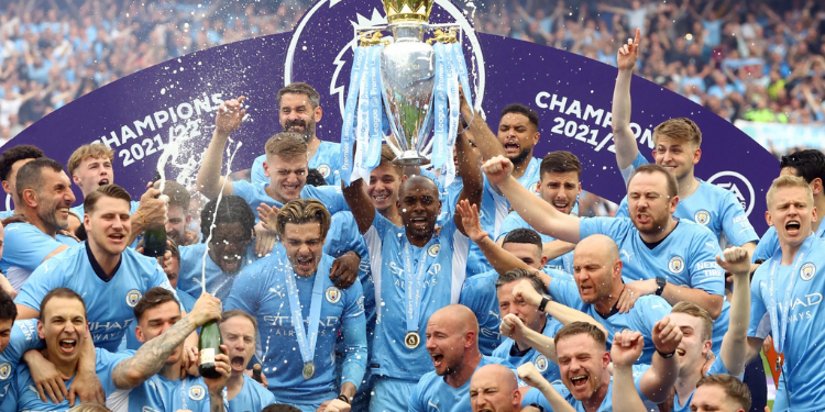 Manchester City celebrating as the Premier League winners for the 2023/24 season