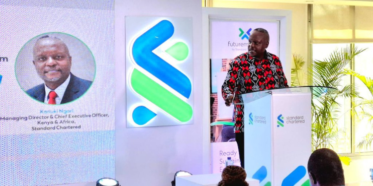 Standard Chartered Bank CEO Kariuki Ngari speaking at the Launch of the program. Photo/Standard Chart Bank(X).