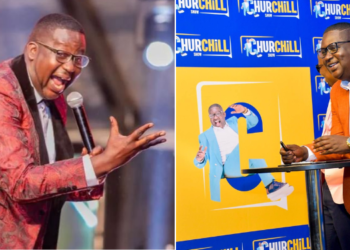 Side to side photo of Daniel Ndambuki alias Churchill during the signing of the agreement with NTV. and at a apast show PHOTO/NTV.
