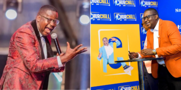 Side to side photo of Daniel Ndambuki alias Churchill during the signing of the agreement with NTV. and at a apast show PHOTO/NTV.