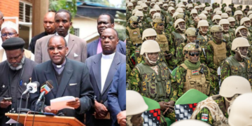 A side-to-side photo of church leaders in a previous press briefing (left) and Kenya Police Force (right). Photo/Courtesy.