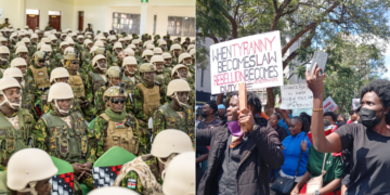 Side to side photo of KDF and protesters in Nairobi.