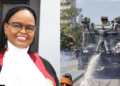 A side-to-side photo of Chief Justice Martha Koome (left) and water cannons in use during protests in Kenya (right). Photo/Courtesy