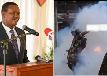 A collage of Tourism CS Alfred Mutua and a screengrab of a video showing the moment an officer injured himself. photo/courtesy