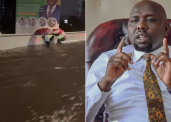 A collage of a screengrab showing a flooded section of the Expressway and a photo of CS Kipchumba Murkomen.