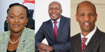 A collage New Standard Group PLC CEO Marion Gathoga Mwangi. Unga Limited acting Managing Director James Nyutu AND StanChart New Executive Director Robert Mbugua. PHOTO/ Courtesy
