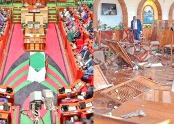A photo collage of parliament sitting in session and a section of parliament destroyed during the anti-finance bill protests Photo/Courtesy