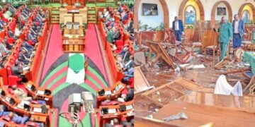 A photo collage of parliament sitting in session and a section of parliament destroyed during the anti-finance bill protests Photo/Courtesy