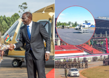 A collage of President William Ruto arriving at the expansion Airstrip in Bungoma (left) and a photo of the Masinde Muliro Stadium in Kanduyi set for expnasion.