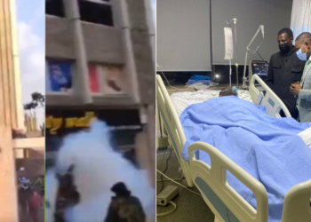 A collage of a screengrab capturing the moment an officer injured his hand and a photo of the officer identified as Daniel Maina recovering at a Nairobi hospital.