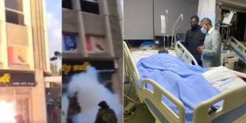 A collage of a screengrab capturing the moment an officer injured his hand and a photo of the officer identified as Daniel Maina recovering at a Nairobi hospital.