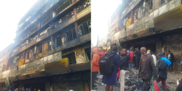 A collage of photos showing the aftermath of the fire that burnt down Sunbeam Mall in Nairobion June 25, 2024.