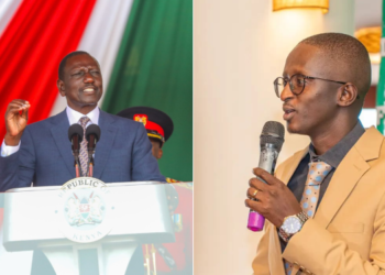 A collage of President William Ruto delivering a speech during the Madaraka Day celebrations and a photo of comedian Timothy Kimani alias Njugush.