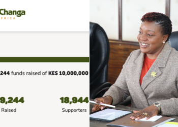 A collage of a screenshot of the M-Changa fundraiser and Health CS Susan Nakhumicha.