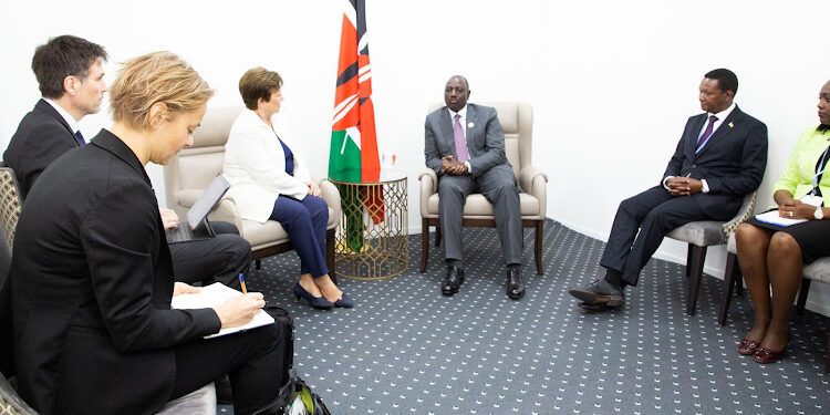 President William Ruto in a meeting with IMF managing director Kristalina Georgieva, CSs Alfred Mutua, Davis Chirchir among other leaders. PHOTO/PCU.