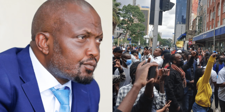 A side-to-side photo of Moses Kuria (left) and Kenyans youths protesting at the streets of Nairobi. Photo/Courtesy