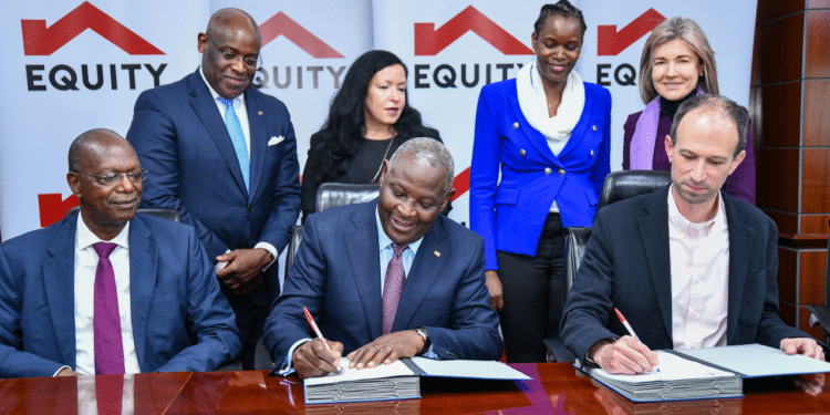 Zepz CEO, Mark Lenhard (Right) and Equity Group Managing Director and CEO Dr. James Mwangi, (Centre) during the renewal of a partnership between Zepz. Photo/Courtesy