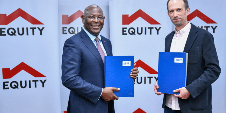Equity -Zepz CEO, Mark Lenhard (Right) and Equity Group Managing Director and CEO, Dr. James Mwangi, (left) during the renewal of a partnership between Zepz. Photo/Equity.