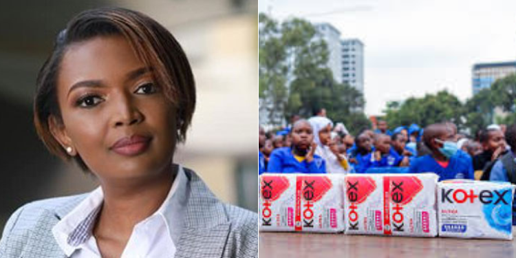 Side to side photo of Karen Nyamu and a Pupils during a sanitary towel drive. Photo/Courtesy
