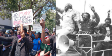 A side to side photo of protestors on June 25, 2024, and Kenneth Matiba, Governor James Orengo and other leaders stage a protest on July 7, 1990, a day that later came to be known as Saba Saba. PHOTO/Courtesy