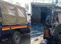 A collage of a police van and a photo showing the aftermath of the arson attack on Kikuyu CDF office.