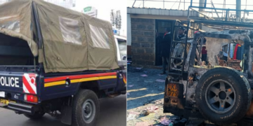 A collage of a police van and a photo showing the aftermath of the arson attack on Kikuyu CDF office.