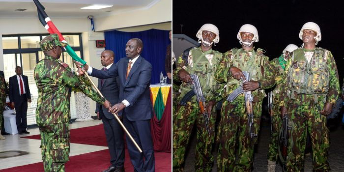 President William Ruto flagging off officers being deployed to Haiti on June 24, 2024 (left) and police officers at the airport. PHOTO/ KITHURE KINDIKI
