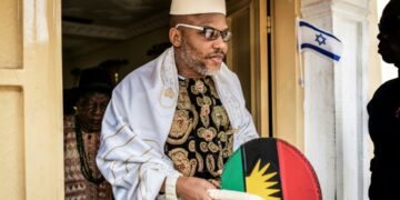 Nnamdi Kanu appeared in court in Nigeria's capital Abuja in June, where a judge remanded him in custody until his trial resumes in late July | AFP